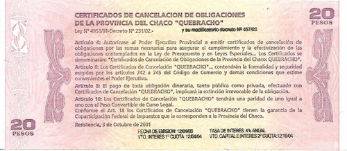 Ec# 253 Bono Chaco $ 20 Quebracho Sin Circular Palermo (Usado)