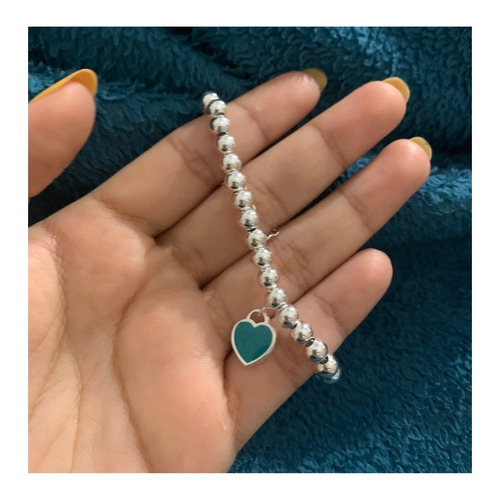 Imagen 7 de 7 de Pulsera Mujer Plata Corazón Azul Esmaltado Bolitas Plata