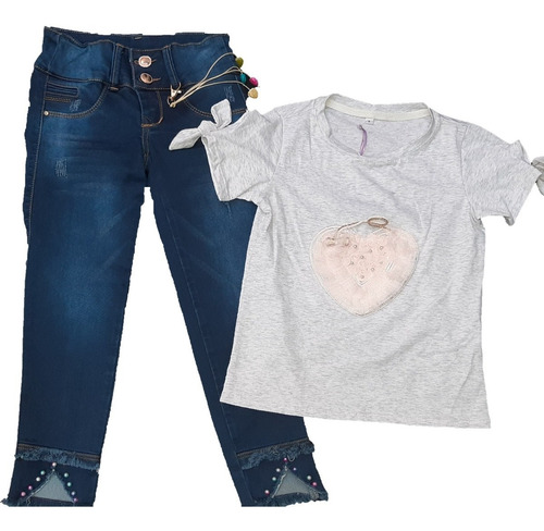 Conjunto Jean, Blusa Con Aplique Corazon Niña