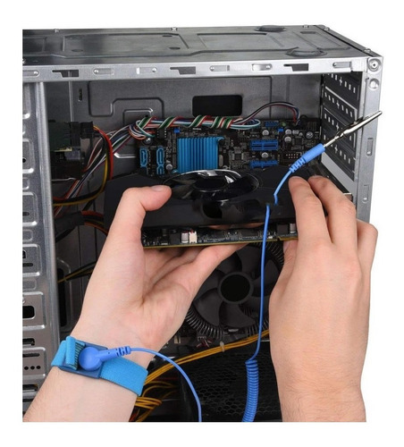 Imagen 4 de 5 de Manilla Antiestática Azul + Brocha Cerdas Finas Limpieza Pc