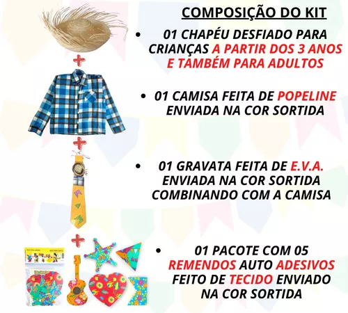 Kit Camisa Xadrez Festa Junina + Chapéu Gravata E Remendos