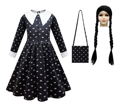 Fantasia Wandinha Addams Halloween Vestido + Bolsa + Peruca