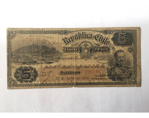 Billete De 5 Pesos 1914, República De Chile (Usado)