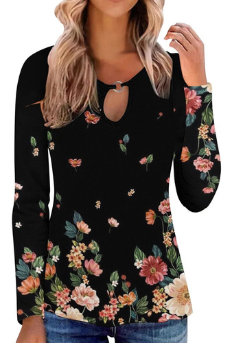 Mujer Casual Pluma Flor Impresion Ahueca Fuera Camiseta Tops