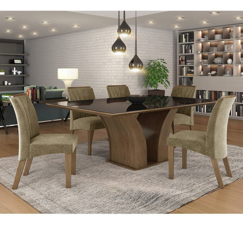 Mesa De Jantar Tampo Mdf/vidro 6 Cadeiras Leblon Tik Eg