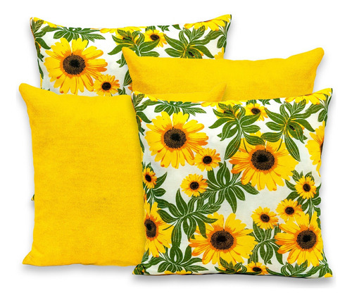 Kit C/ 4 Capas De Almofadas Floral 40x40cm Gorgurinho Cor Girassóis Amarelo