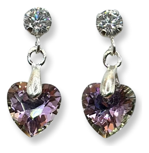 Aros Corazon Cristal Tornasol Morado Plata Ley 925 Mas Caja 