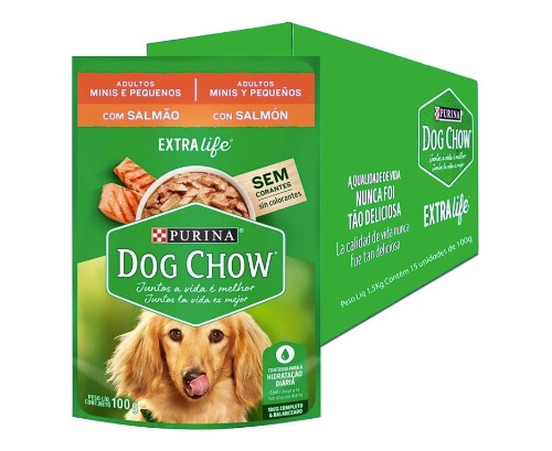 Kit Caixa 15 Sachê Dog Chow Cães Mini Adultos Salmão 100g