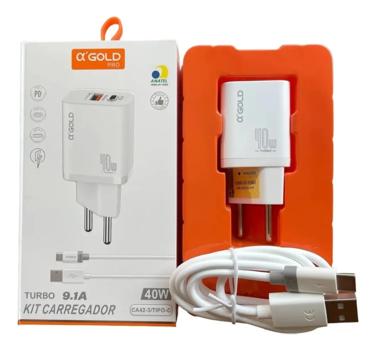 Carregador Turbo 40w Duplo Usb-a/tipo C C/cabo Marca Agold