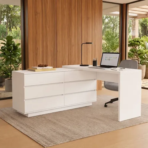 Mesa Para Escritório Diretor Em L 6 Gavetas Oring Yescasa Branco