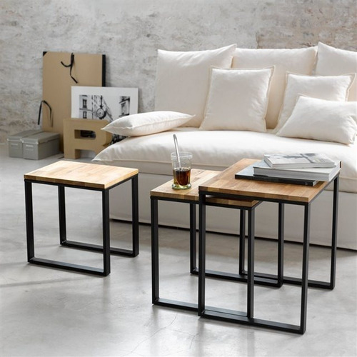 Ooty De 3 Mesitas Estilo Industrial Cubierta Encino Color Negro