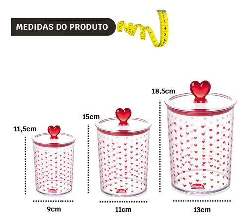 Conj 3 Pcs Porta Mantimentos Pote Hermético Coração Plasútil