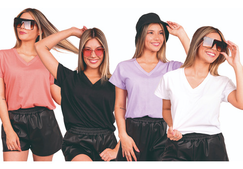 Pack X3 Remera Cuello V Mujer 100% Algodón