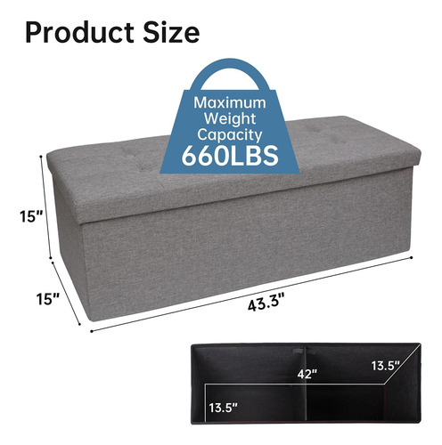 Banco Otomano Plegable De 110 Cm, Reposapiés Con Almacenamie