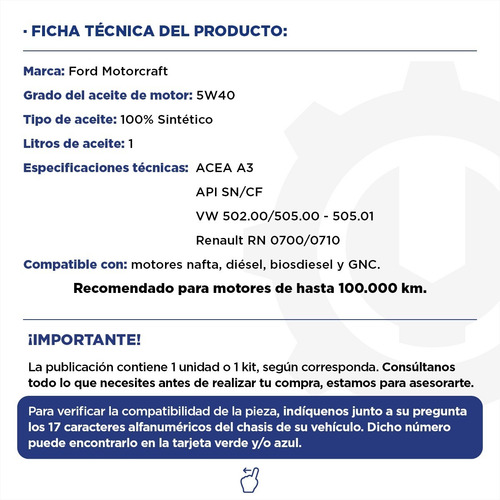 Imagen 2 de 9 de Aceite Ford Motorcraft 5w40 100 % Sintético X 1 Lt.