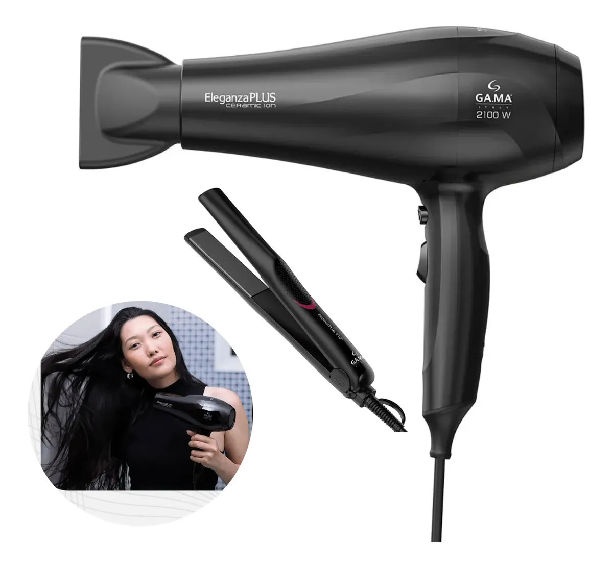 Kit Secador e Prancha GA.MA Italy Eleganza Plus Profissional 2100W, para Cabelo Liso com Brilho e Sem Frizz