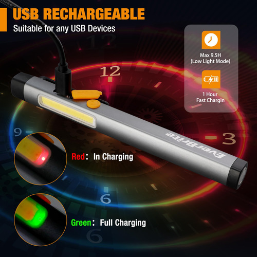 Linterna Led Recargable Con Clip, 6 Modos, Impermeable