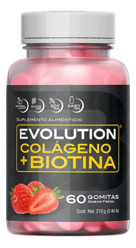 Evolution Gummies De Colágeno + Biotina -60 Gomitas (fresa) Sabor Fresa