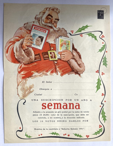Revista Semana Aviso Publicitario De 1951 Papa Noel