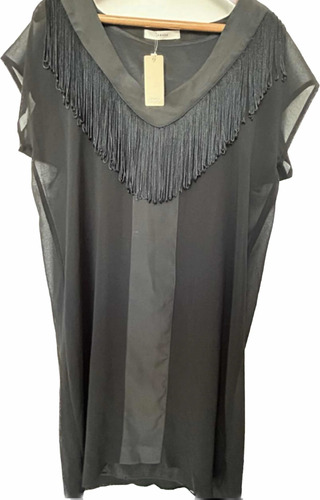 Vestido Negro Awada Talle 2 Con Flecos