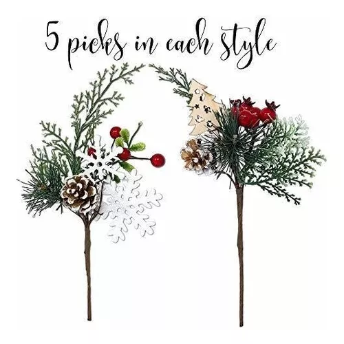 BANBERRY Designs Woodsy Floral Picks Set of 10 –Snow Tip Pinecone Red Berries Sprays Wooden Embellishments– DIY for Christmas Garlands Wreaths