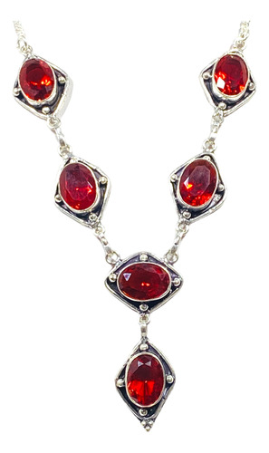 Collar Plata India Granate Rojo Sangre Facetado 100% Natural