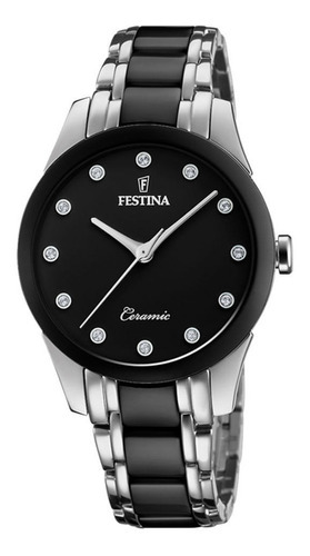 Reloj Festina Ceramic Para Mujer De Acero F20499/3 Ss Color De La Malla Plateado Color Del Bisel Negro Color Del Fondo Negro