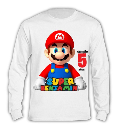 Polera Larga Mario Bros Cumpleaños Personalizada Niños 