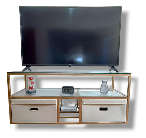 Rack Mueble Tv Moderno Dorado Con Organizadores 2 Niveles