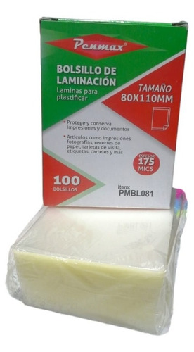 Imagen 2 de 2 de Bolsillos Para Laminación X 100 Und 80x110 Mm Penmax