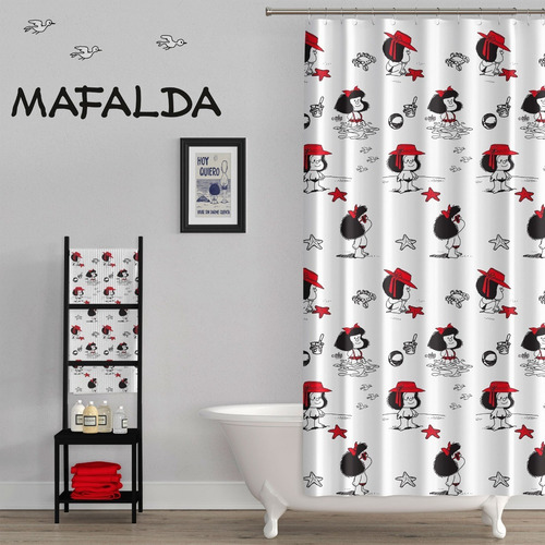 Imagen 2 de 4 de Cortina Baño Mafalda Extra Gruesa Ganchos Y Protector