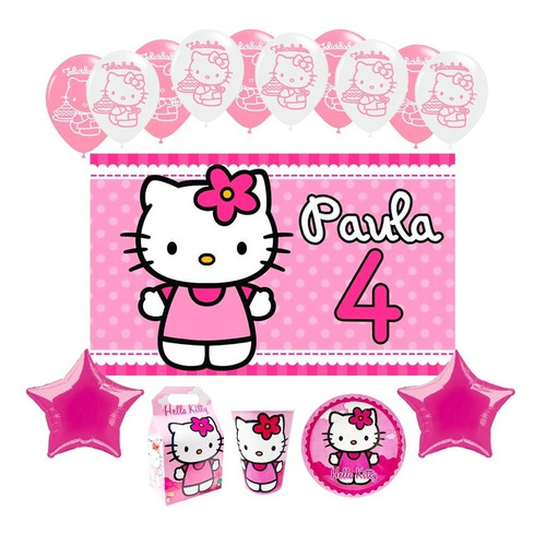 Hello Kitty Kit 30 Niños Vasos Platos Dulceros Globos Lona