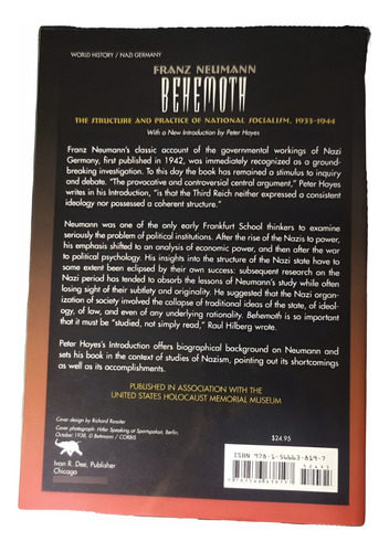Livro Behemoth: A Estrutura E Prática Do Nacional-socialismo, 1933-1944 Por Franz Neumann. Em Inglês Pela Editora Ivan R. Dee. (Usado)