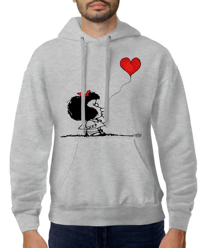 Imagen 2 de 6 de Buzo Gris Canguro Mafalda Globo Corazón Hombre Mujer Niños