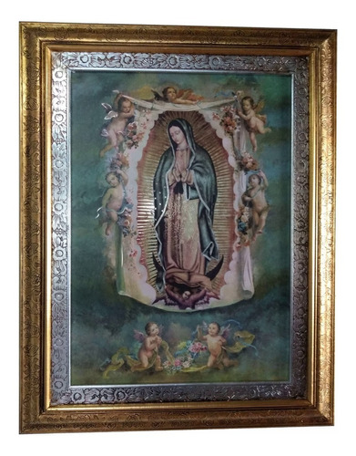 Litografía Cuadro Virgen De Guadalupe Marco Hoja De Oro