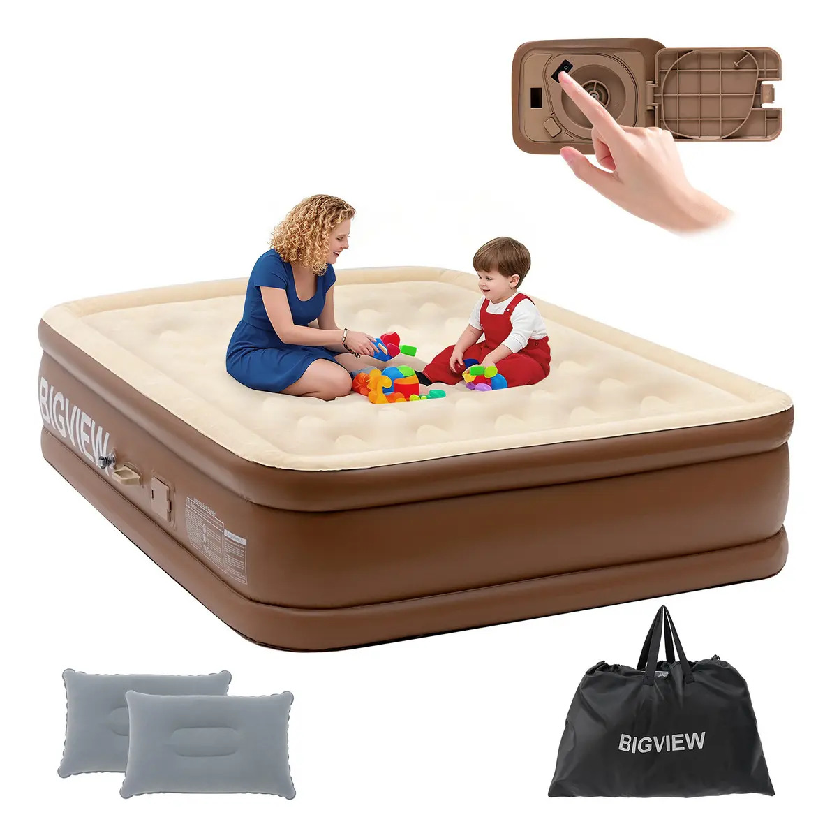 Bigview Colchón Inflable Matrimonial Queen Size Cama de Aire con Bomba Recargable de 4000 mAh para Camping y Hogar 152x203x45 cm