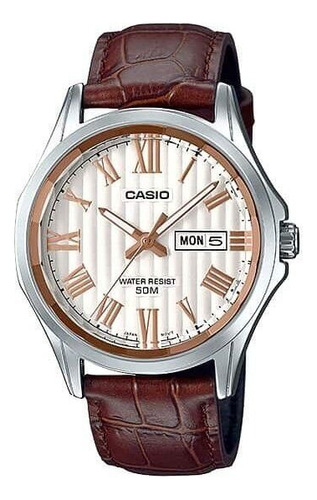 Reloj Casio Hombre Cuero Sumergible Modelo Mtp-e131ly-7a Malla Marrón Bisel Dorado Fondo Dorado