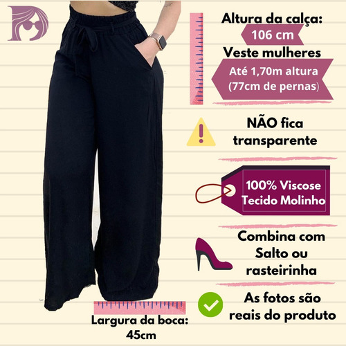 Calça Elegante Pantalona Elastico Na Cintura Viscose Leveza
