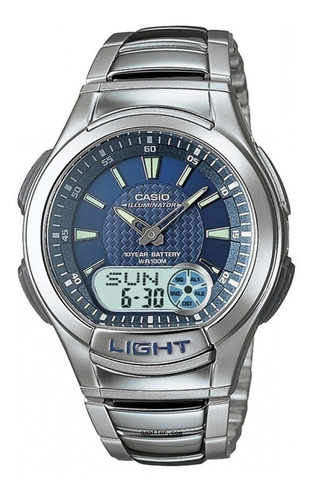 Reloj digital analógico Casio AQ-180wd-2avdf para hombre, color de correa plateado y bisel plateado, color de fondo azul