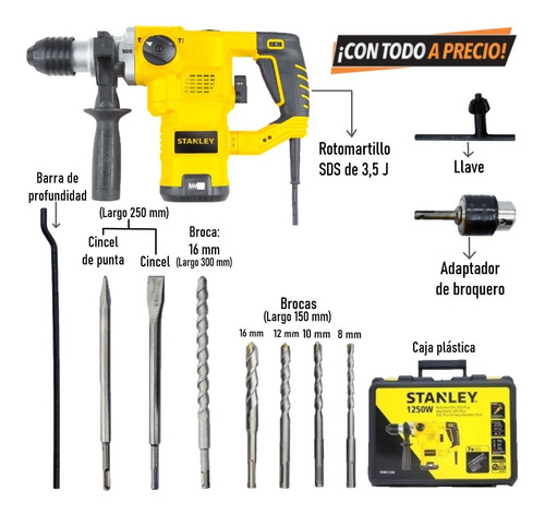 Imagen 6 de 9 de Rotomartillo electroneumático Stanley STHR1232K amarillo y negro frecuencia de 60Hz con 1250W de potencia 120V