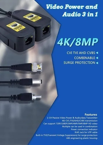 Imagen 4 de 4 de Balun Rj45 A Bnc Audio Corriente Camaras 4k Seguridad Cctv