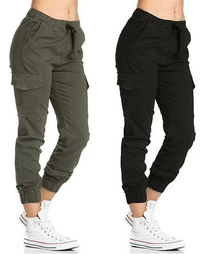 Pack X2 Pantalon Gabardina Cargo Bolsillos Colores Moda Dama