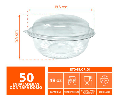 Ensaladera Con Tapa Domo 48 Oz Pet Reciclable Wow 50 Jgs Color Blanco