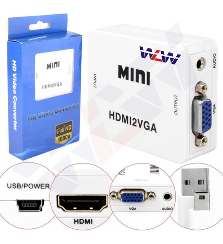 Mini Adaptador Conversor Hdmi P/ Vga Transmite Áudio E Vídeo