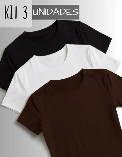 Kit 3 Camisetas Manga Curta Blusas Femininas Baby Look Comfy Preto+marrom+branco M