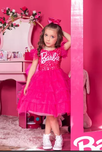 Vestido Infantil Princesa Barbie Com Laço e Glitter - Rosa