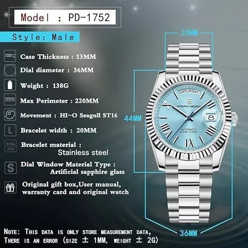 Relogio Pagani Design Rollstim Pd1752 Mecânico, Automático, Prateado Prateado Azul-claro