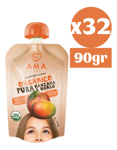 32x Ama Pure Fruta Manzana Mango Orgánico Papilla Compota
