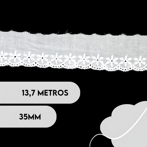Bordado inglés 100% algodón blanco de 3,5 cm de ancho x 13,70 m
