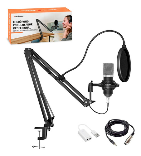 Redlemon Micrófono Condensador Profesional con Brazo Ajustable, Filtro Antipop, Shock Mount y Más Accesorios, Ideal para Streaming Gamer y Podcast, Conexión Aux. 3.5mm a XLR, Incluye Adaptador USB